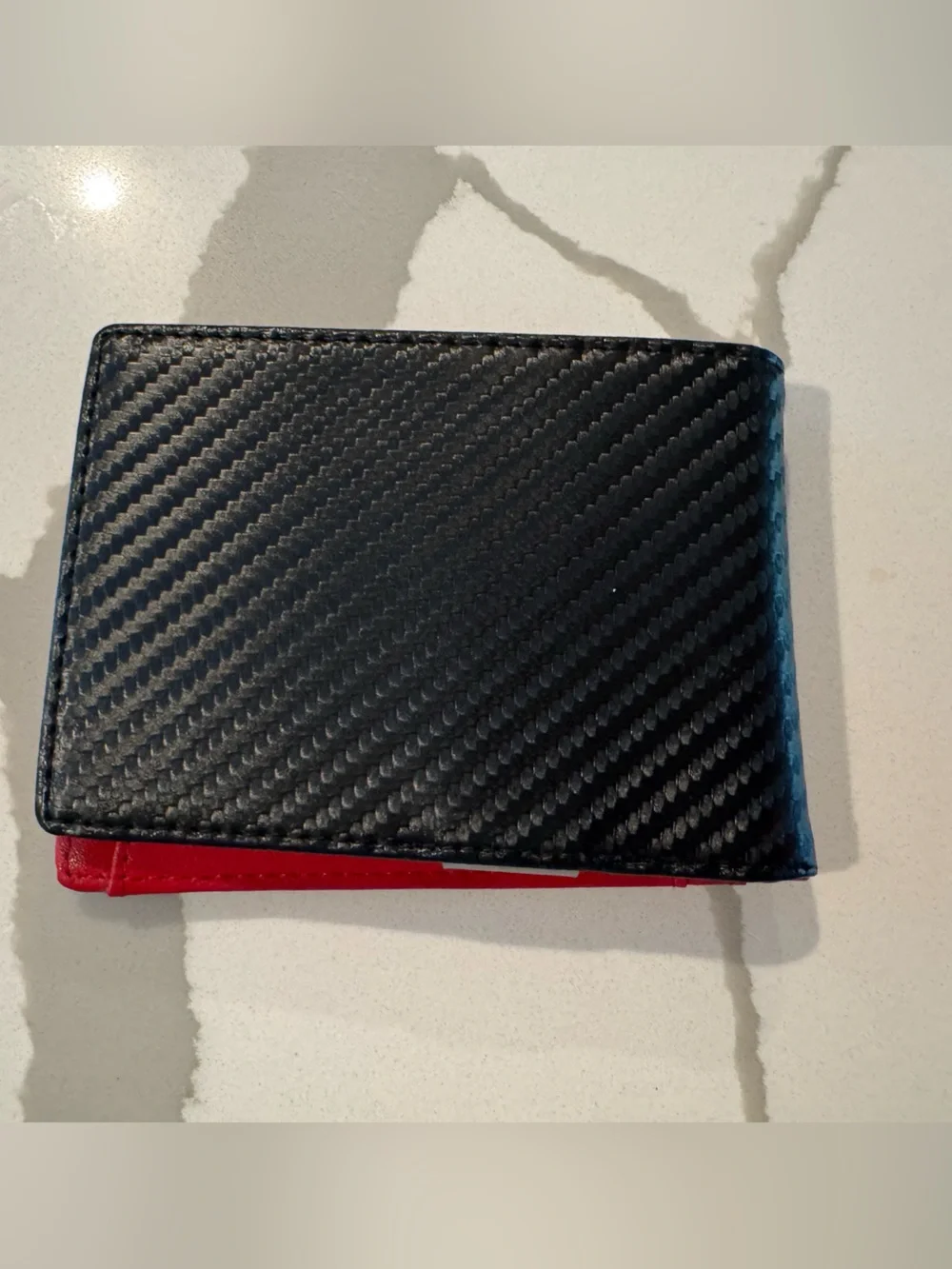 New Slim Carbon-Texture Bifold Wallet with Red Interior and money clip